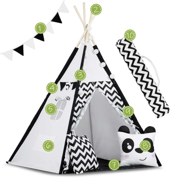 Tipi telt - Legetelt - Sort og hvid - med puder og lys