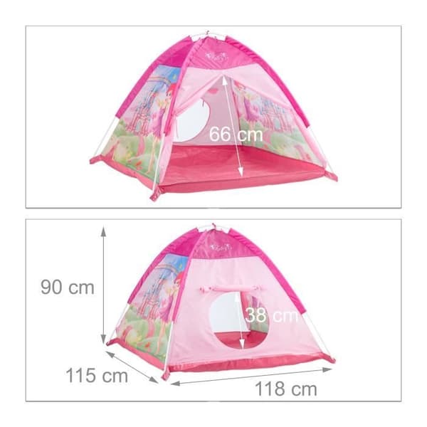 Relaxdays inomhus barntält flicka lektält utomhus Fairy Pink Princess 3 år HxBxD: 90 x 118 x 115 cm, Rosa