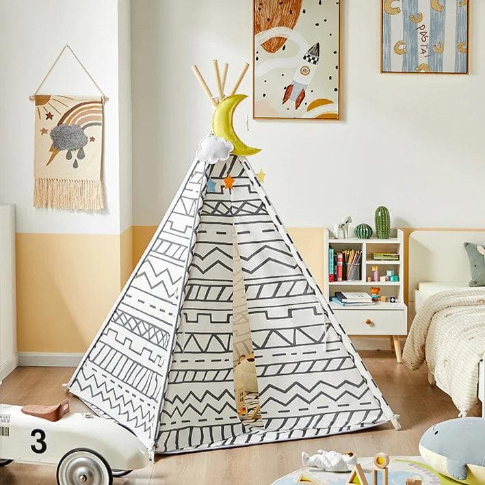 Rootz Children Play Tent Playhouse Kids -Teepee Tipi with Floor Mat (White/Line)