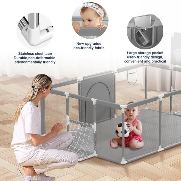 Legeplads 180 x 122 cm til babyer legeplads foldning sikkerhedsbarriere legetelt legeplads baby bærbar babyvugge, grå