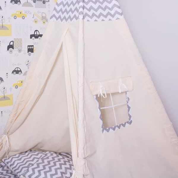 Tipi-tält för barn i SPRINGOS bomull - 160x120x100 cm - sicksack / grå