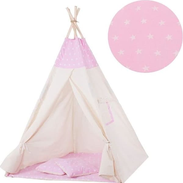 SPRINGOS barntälttält i bomull med 2 kuddar ingår - 160x120x100 cm - stjärnor/rosa