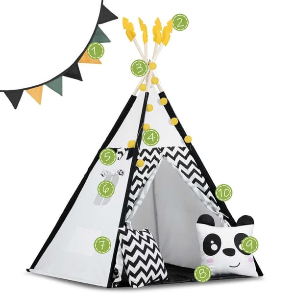Tipitält för barn med girlang och lampor Nukido vit svart med panda