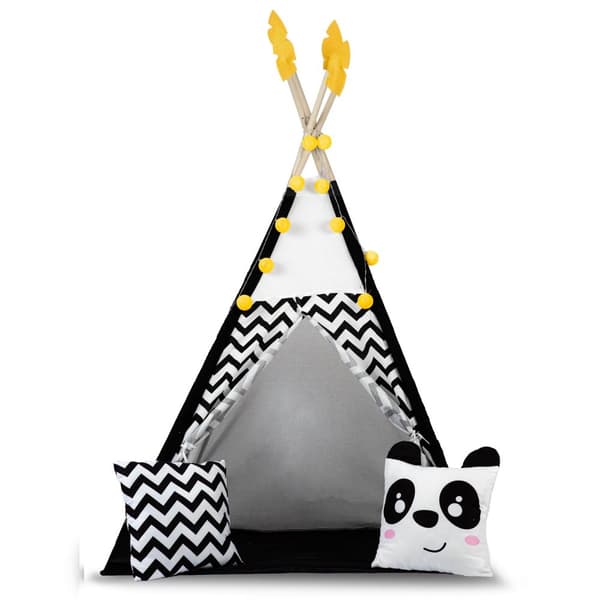 Teepee-tält för barn med girlang och lampor Nukido i svart och vitt med en panda