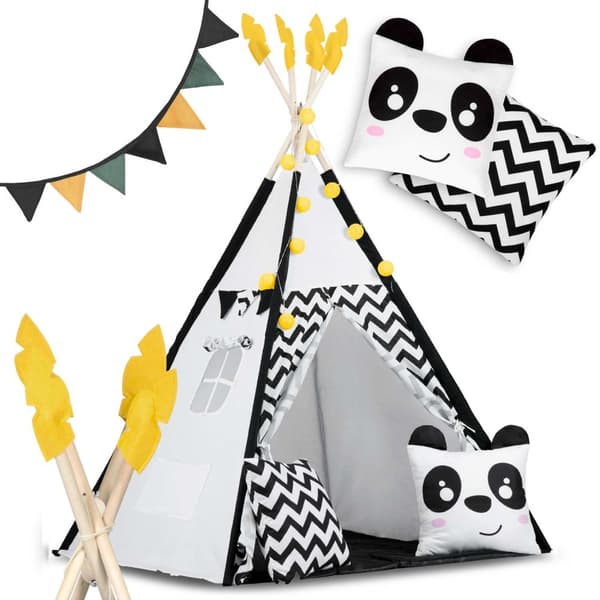 Teepee-tält för barn med girlang och lampor Nukido i svart och vitt med en panda