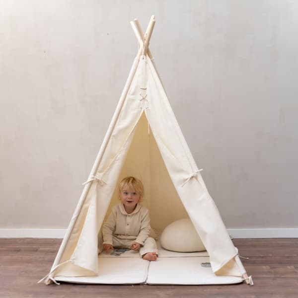 Sunny Alba Lasten Tipi-teltta, kermanvalkoinen | Wigwam-leikkiteltta ikkunalla | 120x120x160cm | Tyynymaton kanssa