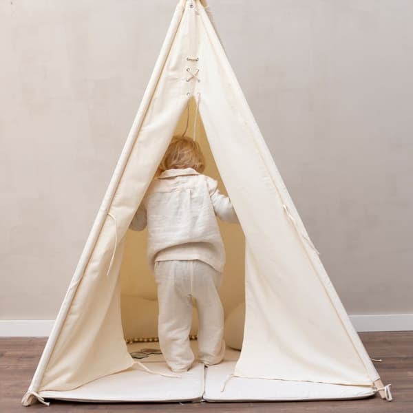 Sunny Alba Lasten Tipi-teltta, kermanvalkoinen | Wigwam-leikkiteltta ikkunalla | 120x120x160cm | Tyynymaton kanssa