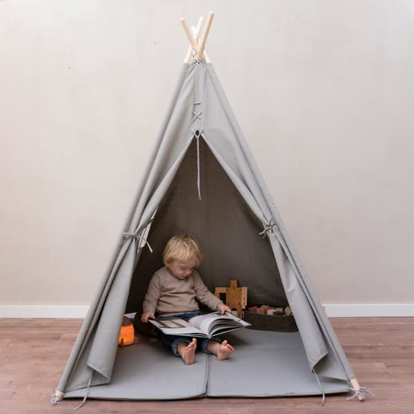 Sunny Alba Tipi tält för barn i grått | Wigwam lektält med fönster i 100% bomull | 120x120x160cm | Med kuddmatta
