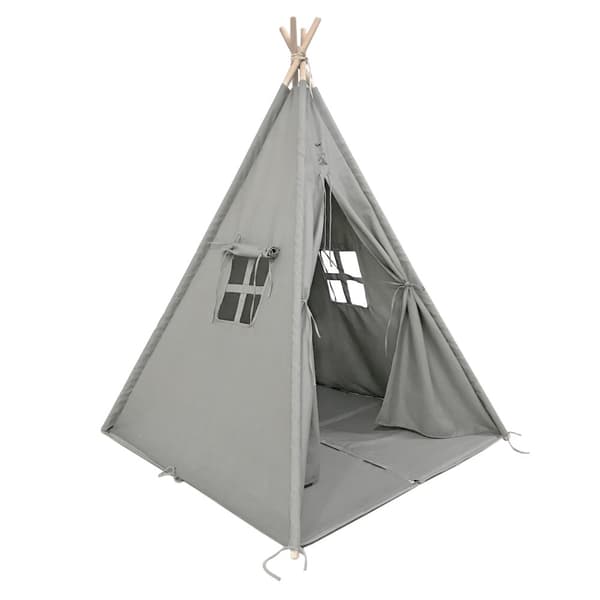 Sunny Alba Tipi tält för barn i grått | Wigwam lektält med fönster i 100% bomull | 120x120x160cm | Med kuddmatta