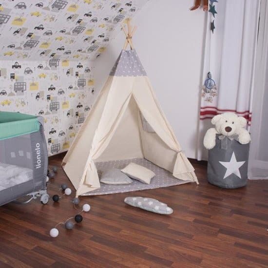 Naturlig Bomulds Tipi Telt til Børn med Stjernemotiv & Matchende Pudedåser