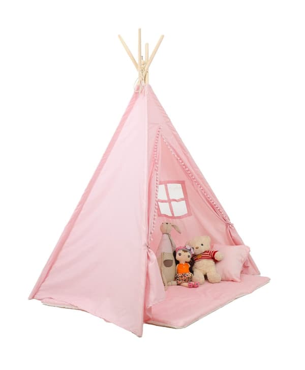 Snygg rosa bomullsteepee för barn - 120x120x160cm med kuddar & matta