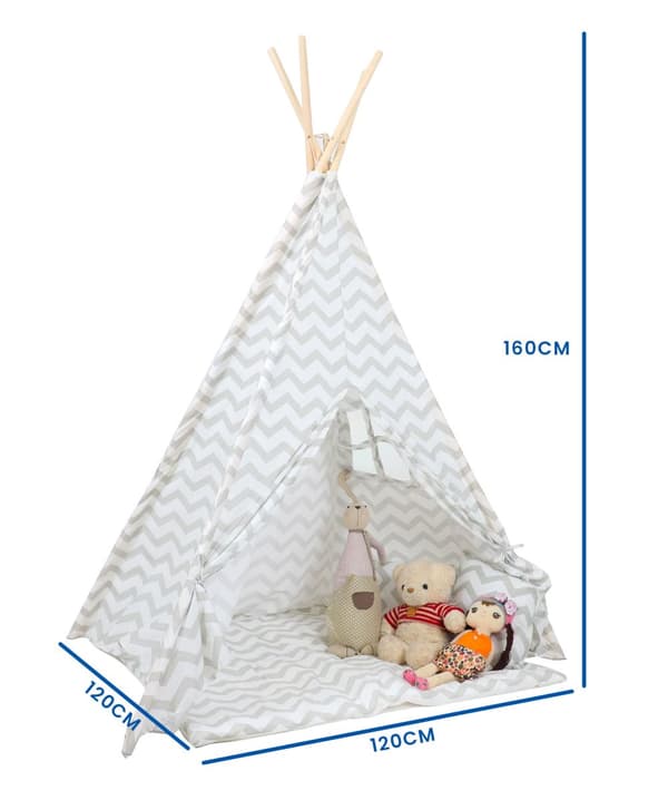 Elegant grå zigzag tipi-telt til børn - Stilfuld & funktionel børneværelsesindretning