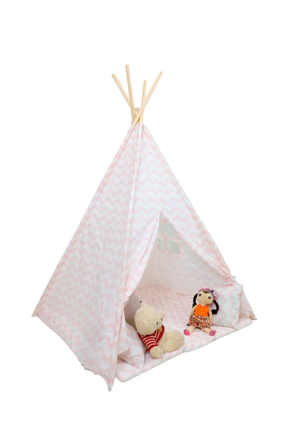 Premium Rosa Zigzag Tipi-tält för Barn - Hållbart Bomullstyg, Bekväm Lekyta
