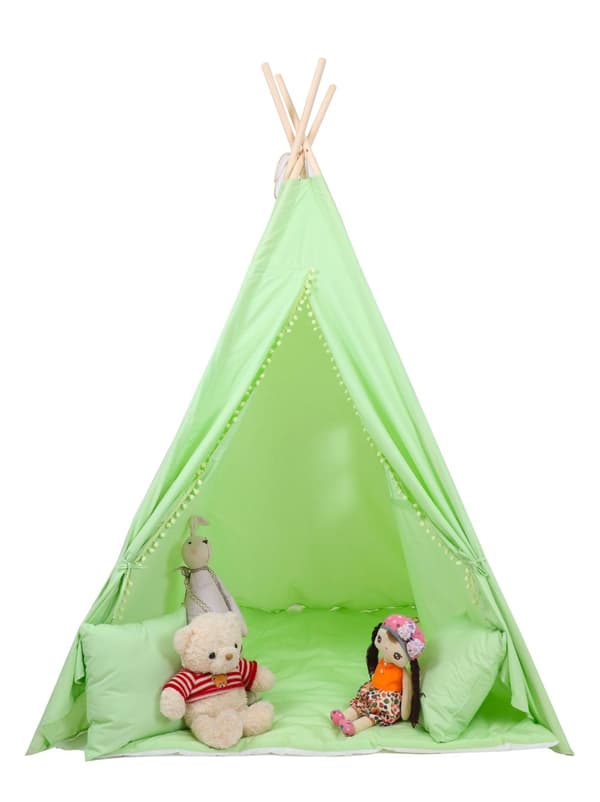 Stilfull mjuk grön barnwigwam med madrass och kuddar - 120x120x160cm
