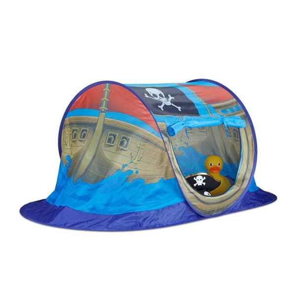 Relaxdays lekstuga för barn, pop-up, piratmotiv, inomhus och utomhus, HLP: 68 x 170 x 85 cm, polyester, blå