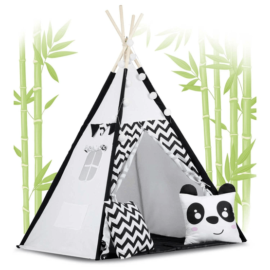 Tipi Telt - Legetelt - Sort og hvid Panda - Med puder & lys