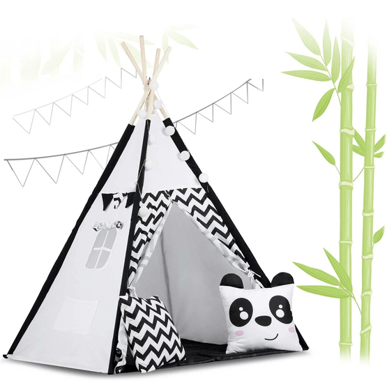 Tipi Telt - Legetelt - Sort og hvid Panda - Med puder & lys