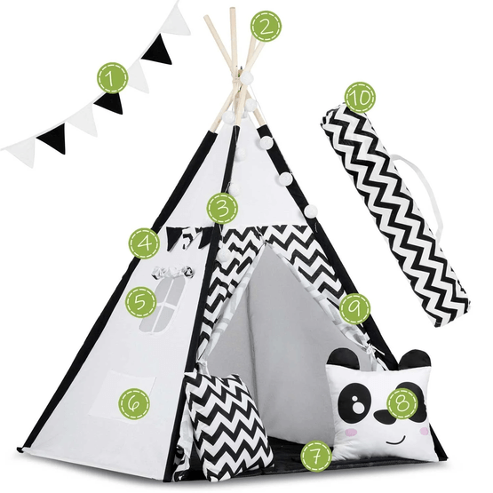 Tipi Telt - Legetelt - Sort og hvid Panda - Med puder & lys