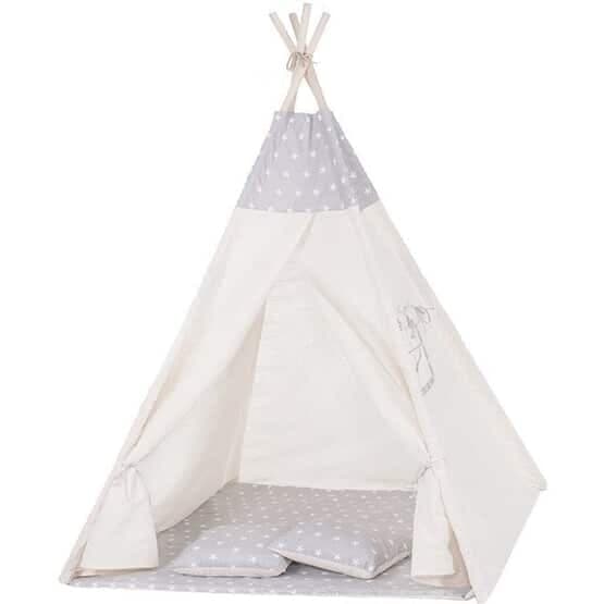 Tipitelt børn Wigwam - Beige Med Grå - 100% Bomuld - 160X120X100 Cm - Inklusiv 2 pudebetræk