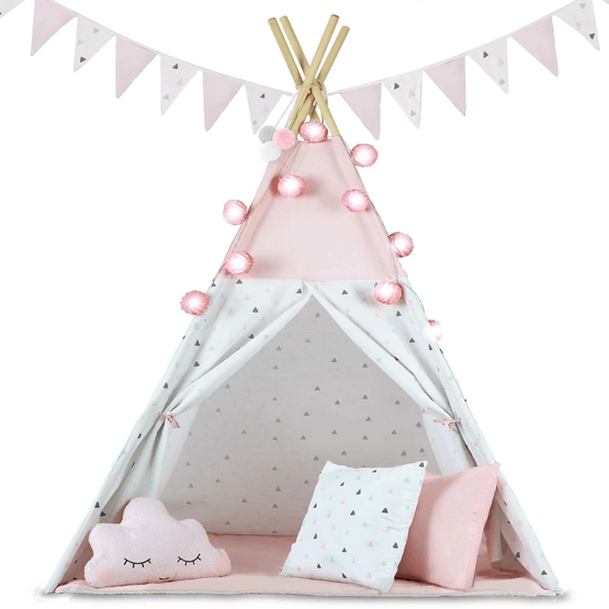 Tipi Wigwam Telt - Legetelt med lys og streamere - Pink