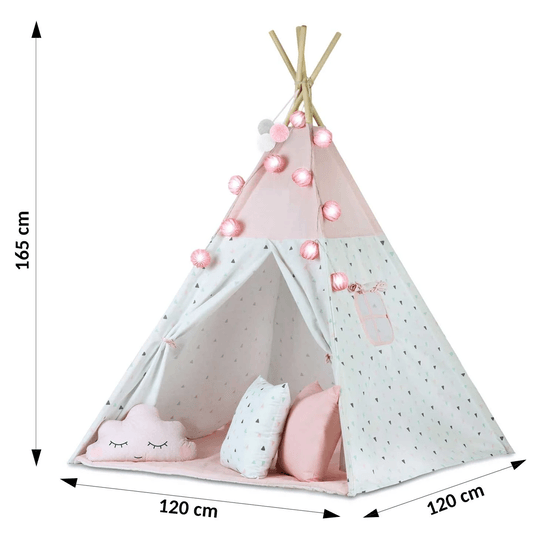 Tipi Wigwam Telt - Legetelt med lys og streamere - Pink