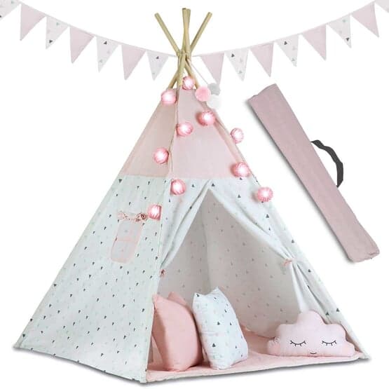 Tipi Wigwam Telt - Legetelt med lys og streamere - Pink