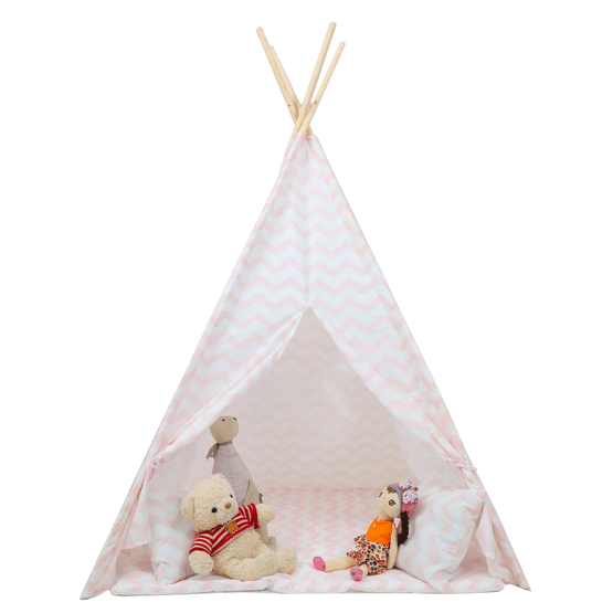 Tipi Telt - Legetelt Med Gulvmåtte Og Puder - Pink - Zigzag