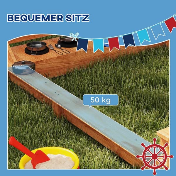 Rootz Sandpit med Sunroof Pirate Ship - Children's Kitchen Set - Wood Playhouse - UV Protection - 180 x 103 x 144,5 cm