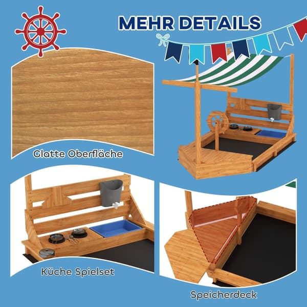 Rootz Sandpit med Sunroof Pirate Ship - Children's Kitchen Set - Wood Playhouse - UV Protection - 180 x 103 x 144,5 cm