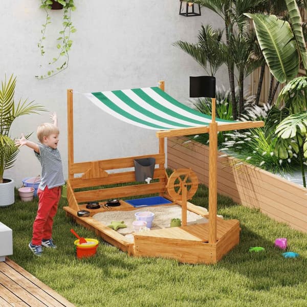 Rootz Sandpit med Sunroof Pirate Ship - Children's Kitchen Set - Wood Playhouse - UV Protection - 180 x 103 x 144,5 cm
