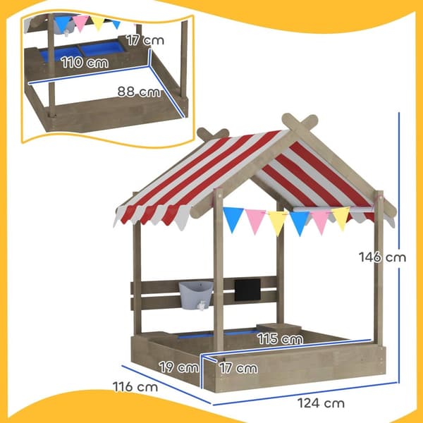 Rootz Sandpit med Sun Protection - Kids Playhouse - Outdoor Sandbox - Weatherproof & Spacious - 124x116x146 CM - Fir Wood