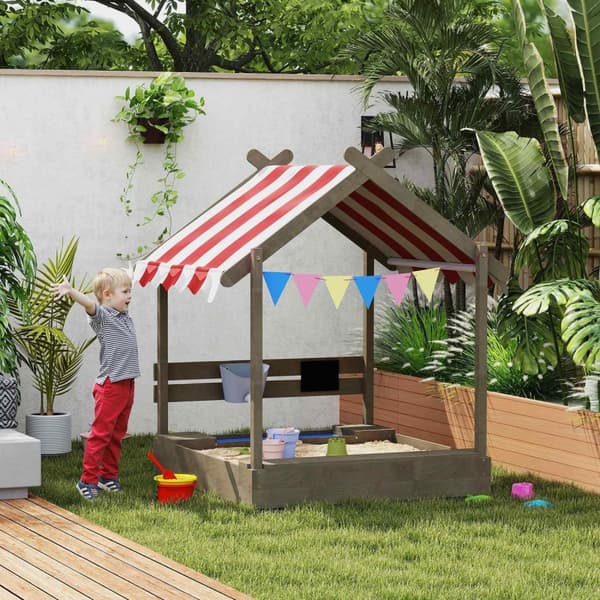 Rootz Sandpit med Sun Protection - Kids Playhouse - Outdoor Sandbox - Weatherproof & Spacious - 124x116x146 CM - Fir Wood