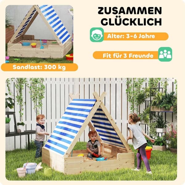 Juuren hiekkalaatikko lapsille - SandPit - leikkialue - Säänkestävä telttakatto - Kestävä päivittäinen käyttö - 120 x 120 x 126,5 cm