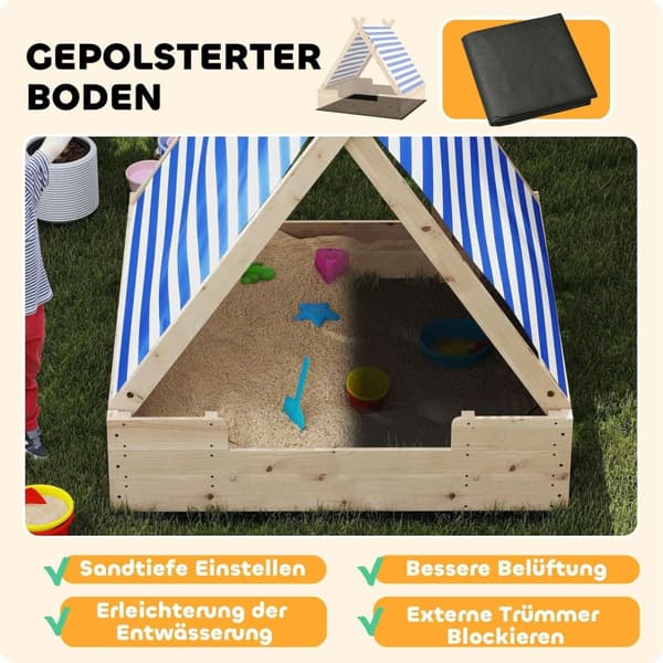 Juuren hiekkalaatikko lapsille - SandPit - leikkialue - Säänkestävä telttakatto - Kestävä päivittäinen käyttö - 120 x 120 x 126,5 cm