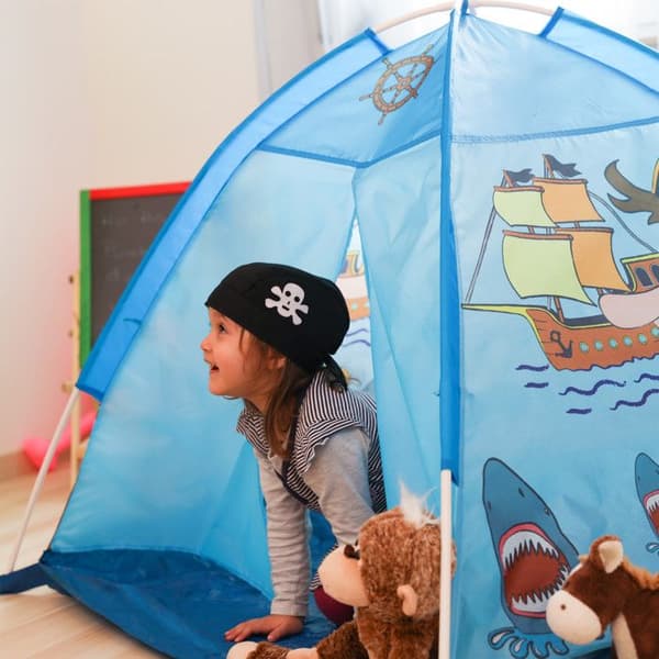 Relaxdays barntält inomhus pojke flicka lektält utomhus pirat pop-up 3 år gammal HxBxD:90 x 118 x 115 cm, blå