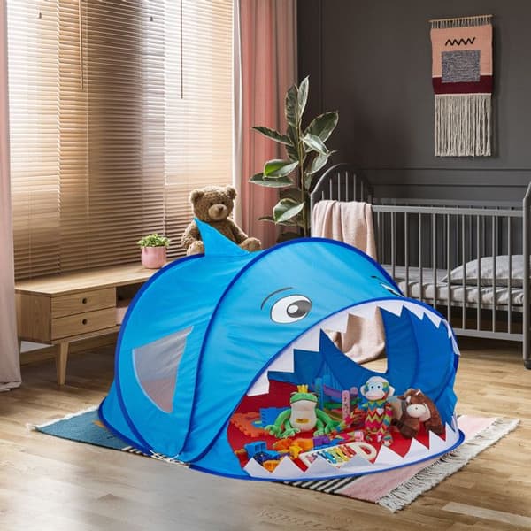 Relaxdays speciell hajtält, för små barn, pop up, inomhus och utomhus, 86x100x182 cm; blå/röd