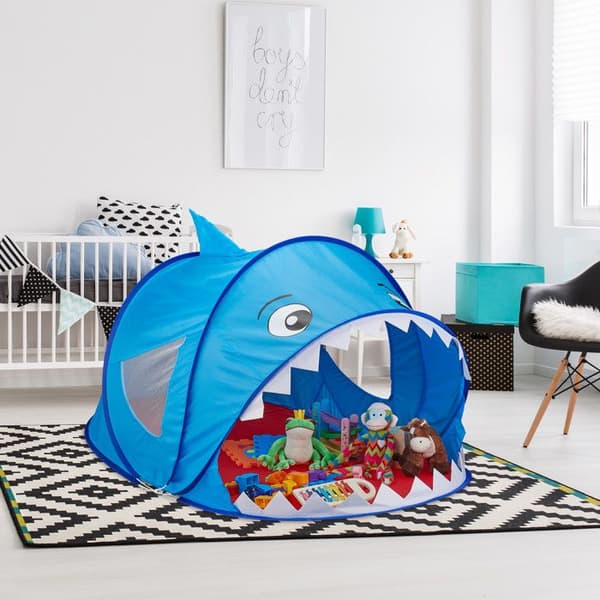 Relaxdays speciell hajtält, för små barn, pop up, inomhus och utomhus, 86x100x182 cm; blå/röd