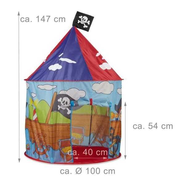 Relaxdays Barntält Pojke Tjej Lektält Piratflagga Utomhus Pop-up 3 år H x D 130 x 100 cm, Röd Blå
