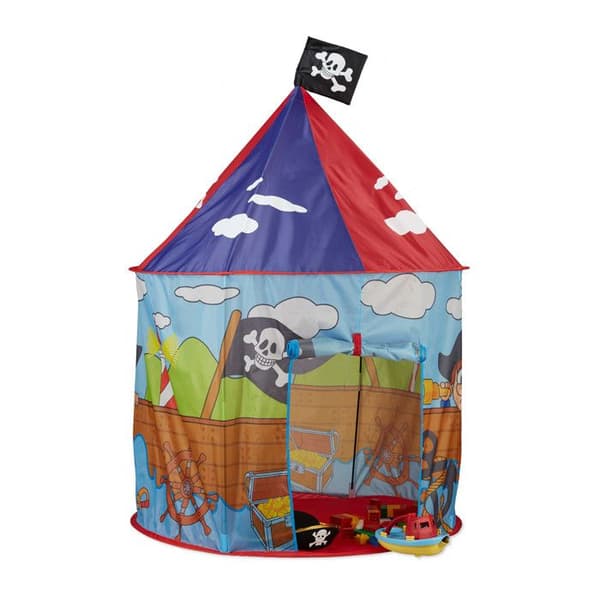 Relaxdays Barntält Pojke Tjej Lektält Piratflagga Utomhus Pop-up 3 år H x D 130 x 100 cm, Röd Blå