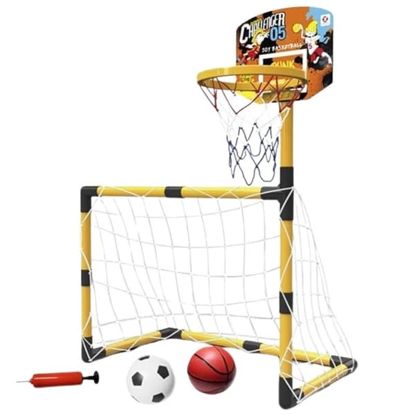 2-i-1 basketballsæt med fodboldmål + bolde og Lumarko-pumpe!