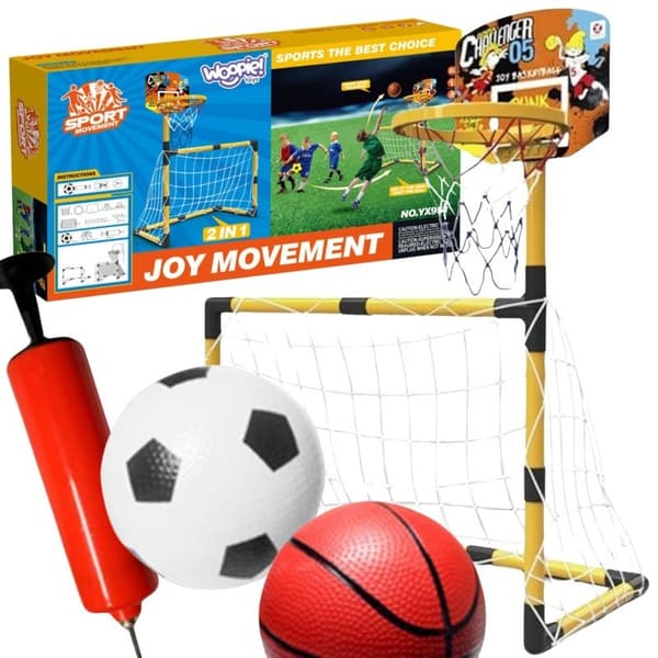 2-i-1 basketballsæt med fodboldmål + bolde og Lumarko-pumpe!