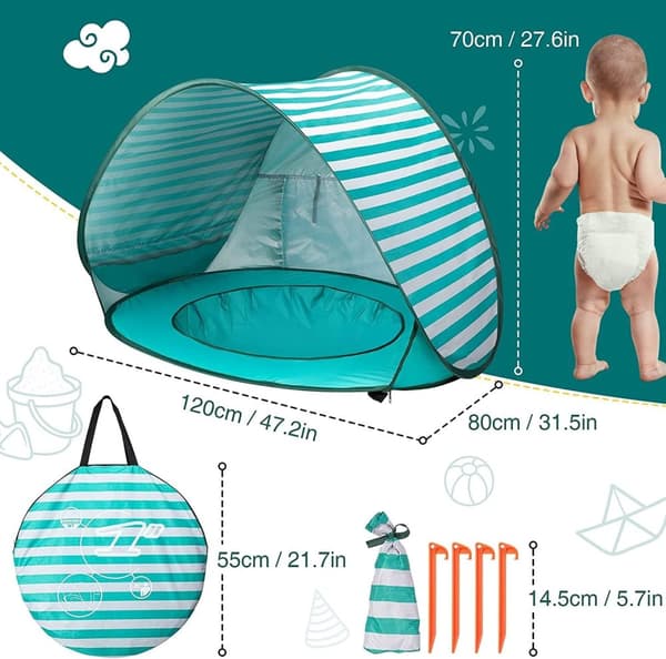 Lollanda Pop-up Babytelt/Strandtelt/Læhegn, UV-beskyttende, med minipool, åndbar, letvægts, til strand og have
