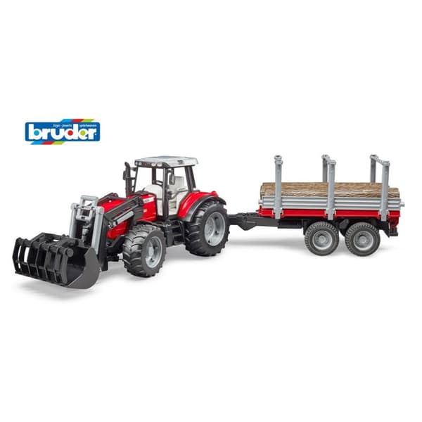 Bruder 02046 Massey Ferguson 7480 Traktor + Frontlæsser + Trætransporttrailer + 3 træstammer
