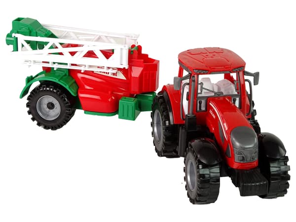 Gårdtraktor med rød sprøjte
