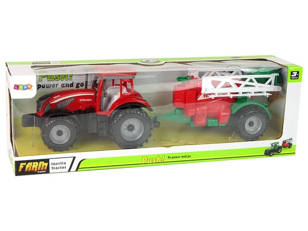 Gårdtraktor med rød sprøjte