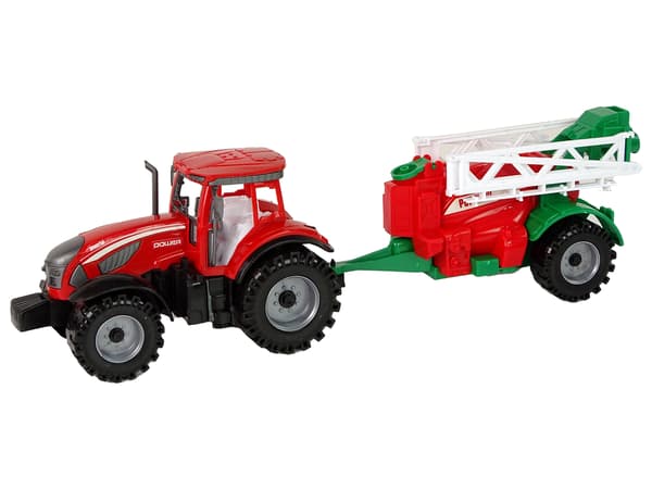 Gårdtraktor med rød sprøjte
