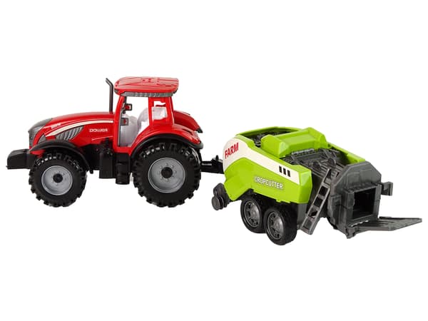 Rød gårdtraktor med grøn såmaskinefriktionsdrev
