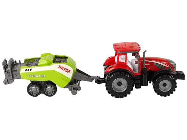 Rød gårdtraktor med grøn såmaskinefriktionsdrev
