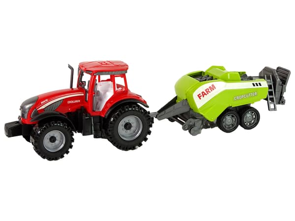 Rød gårdtraktor med grøn såmaskinefriktionsdrev