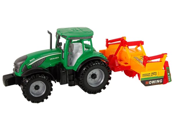 Grön traktor med orange kultivatordrift för barn